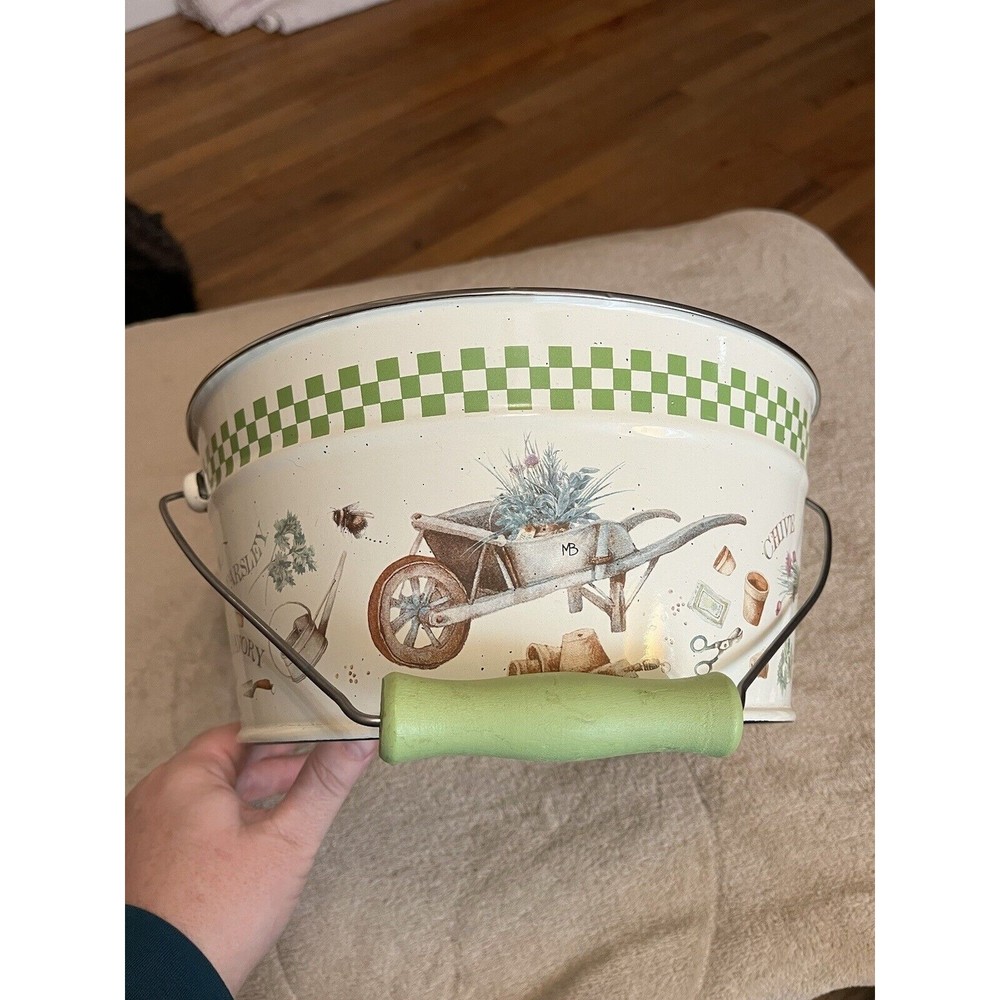 Marjolein Bastin Enamel Bucket Pail Handle Natures Sketchbook Garden 10.5" READ